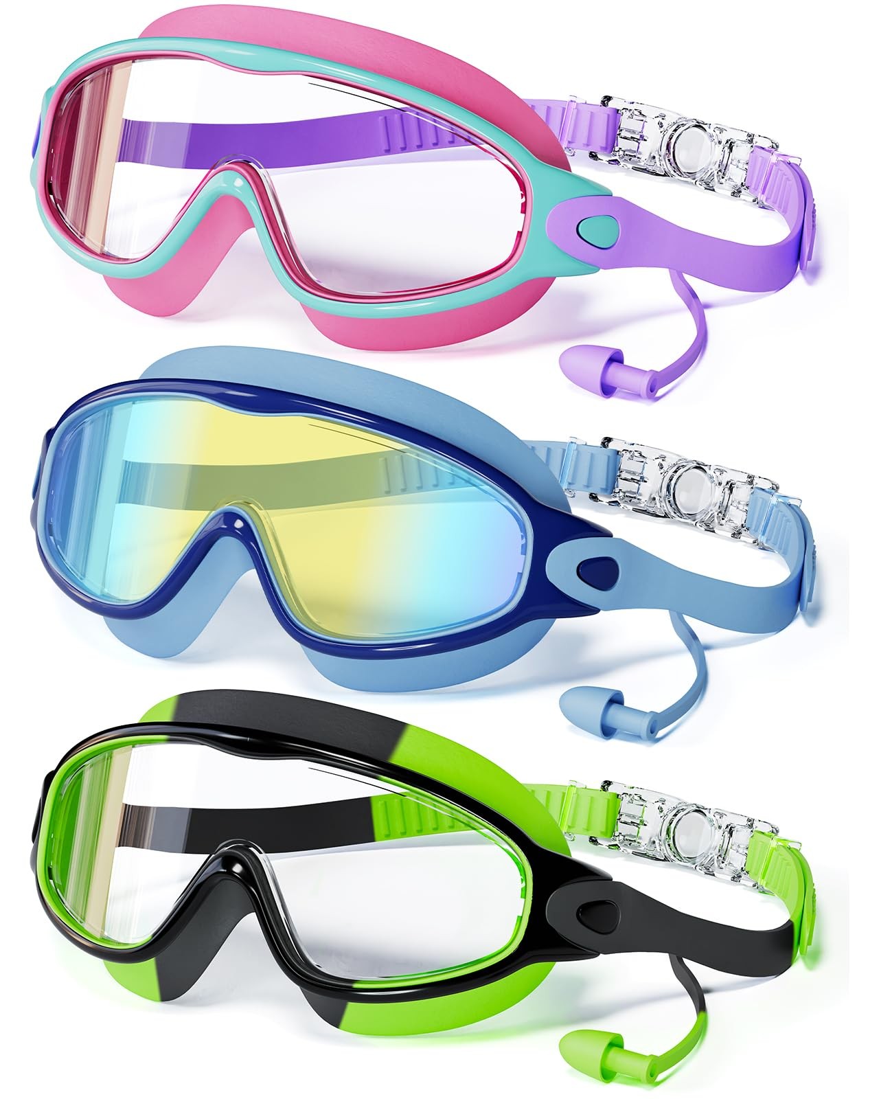 CMBJJU 3 Pack Swimming Goggles, Medium, 3pack-purple+colorful Blue+green-sg09