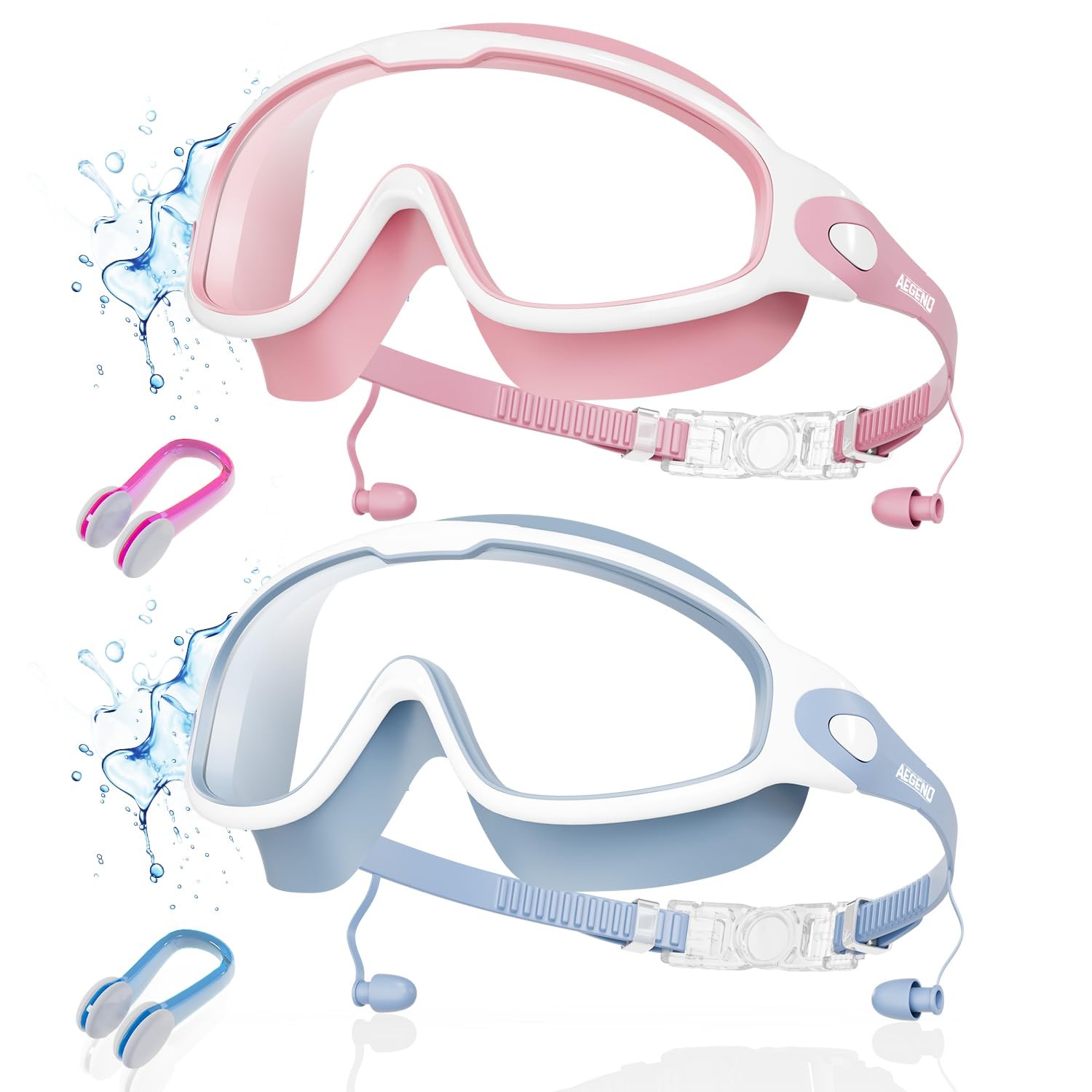 Aegend New Adult Wide View Swim Goggles, Adults, Clear Blue & Pink