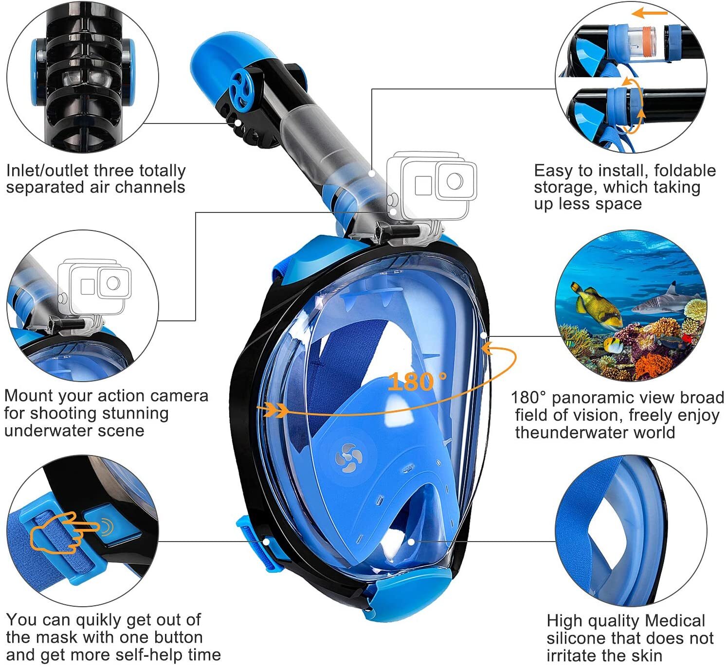 180° Full Face Snorkel Mask with Panoramic View Anti-Fog, Anti-Leak L/XL