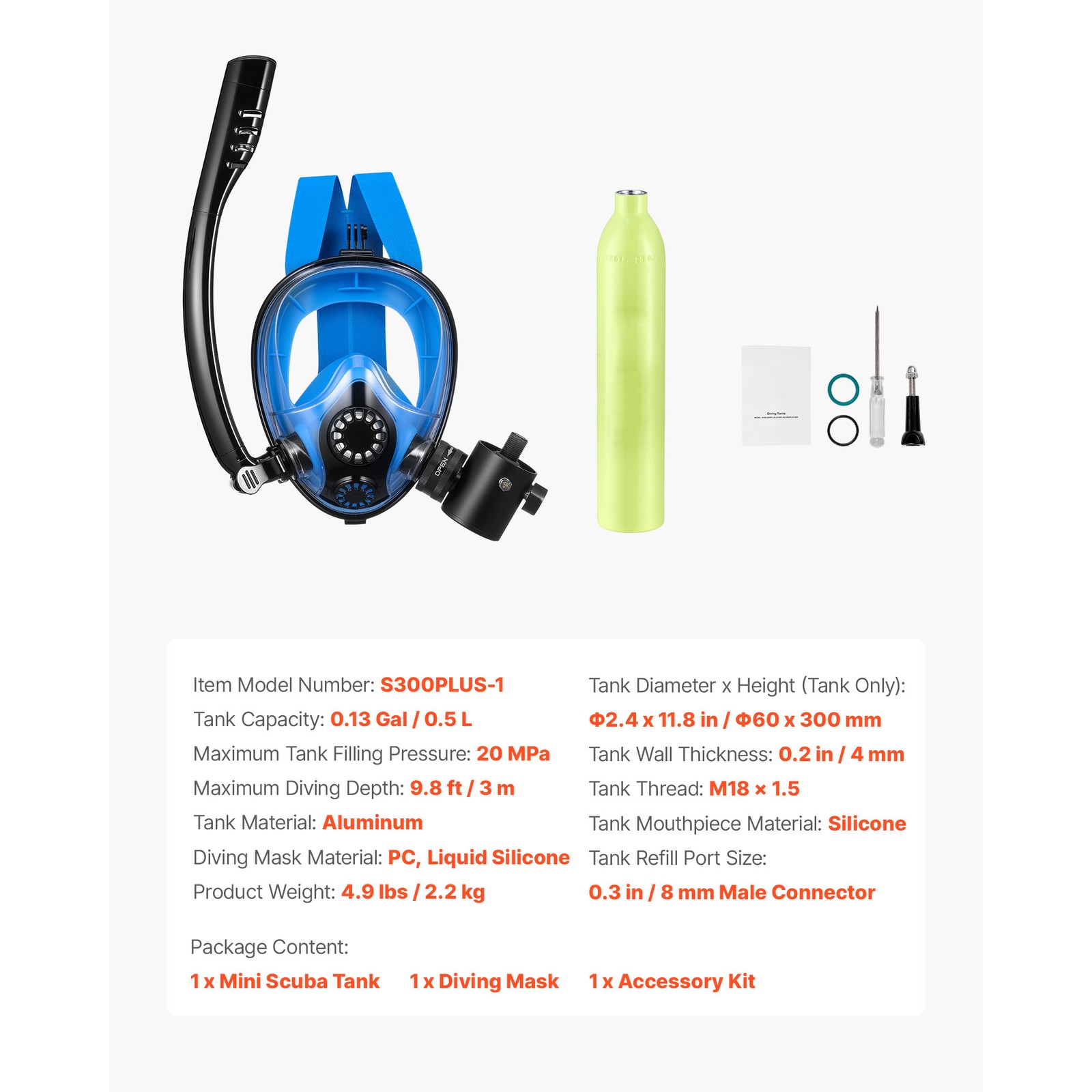 Mini Scuba Tank 0.5L 3000 Psi Mini Diving Tank Oxygen Cylinder +Snorkel Mask