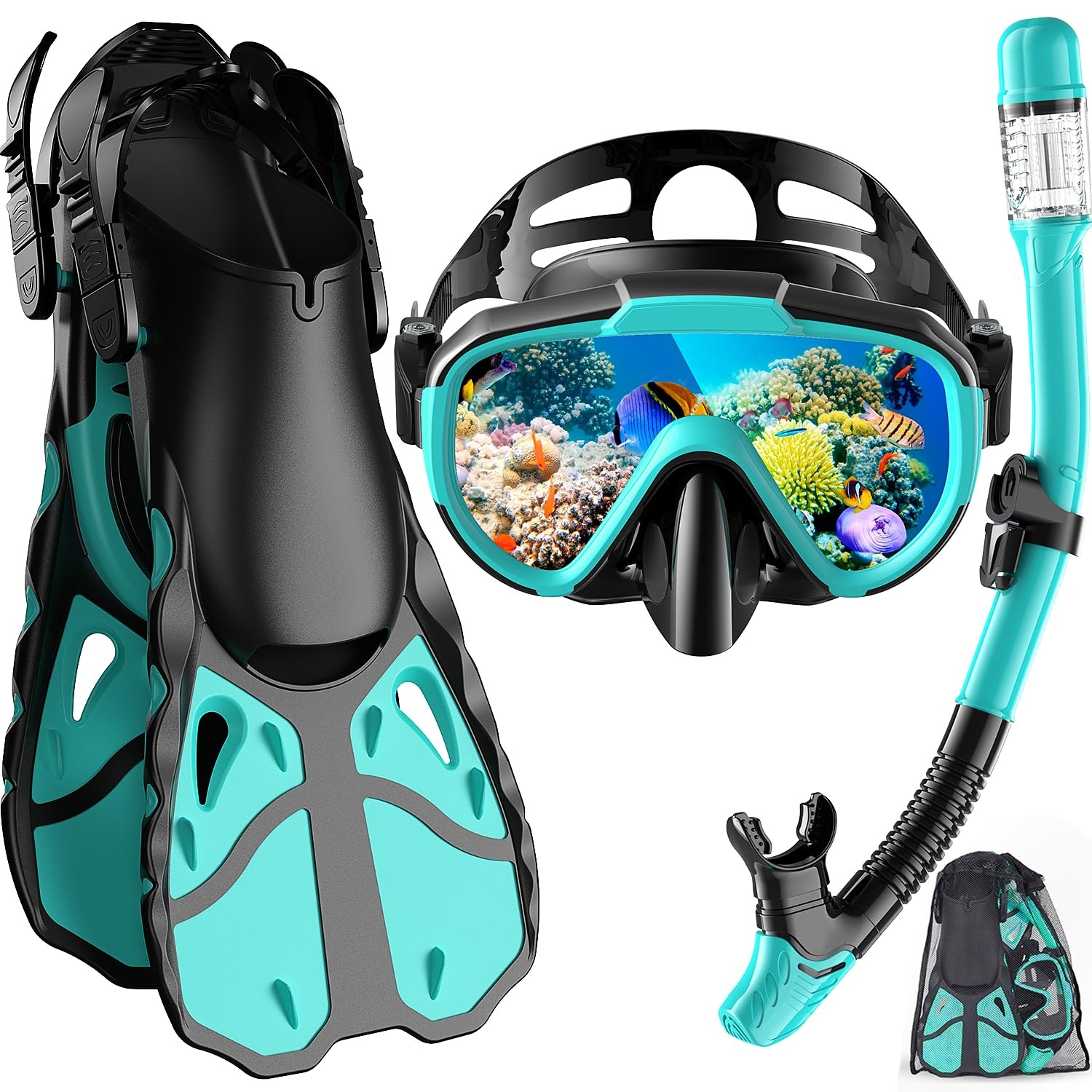 Vengreedo Snorkel Set with Fins for Adults, Snorkeling Gear ML/XL, Cyan