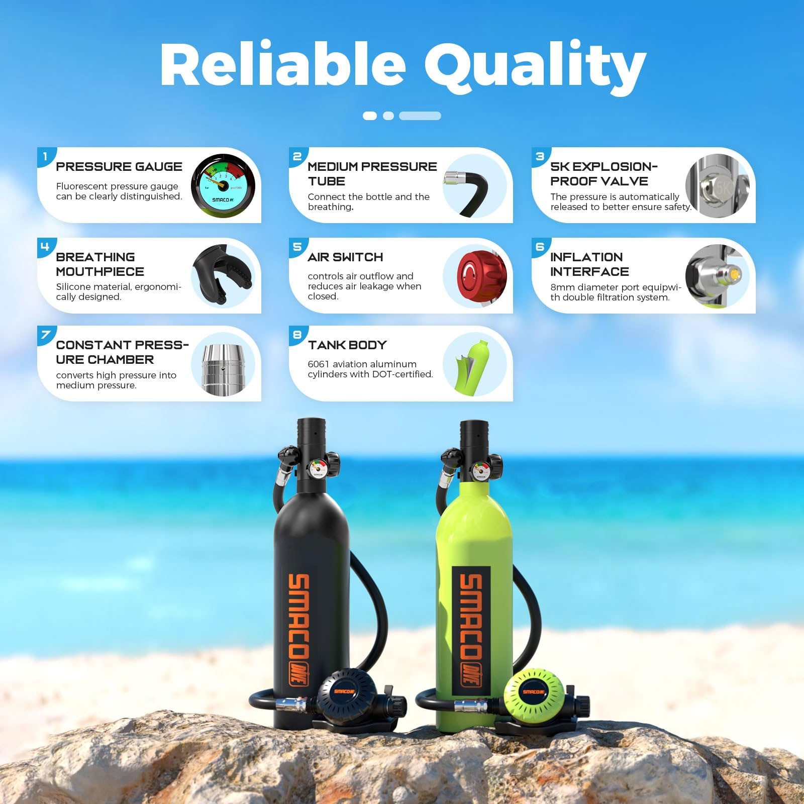 SMACO Scuba Tank Lung System, 1.9L Portable, 3000 PSI Diving Gear for Backup Air