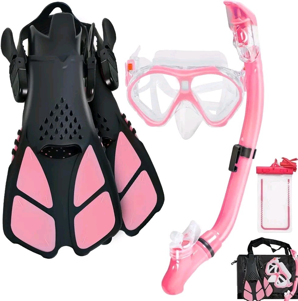 Pink Snorkel Set Fins Mask Foldable Dry Snorkel Food Grade Silicone (kids)