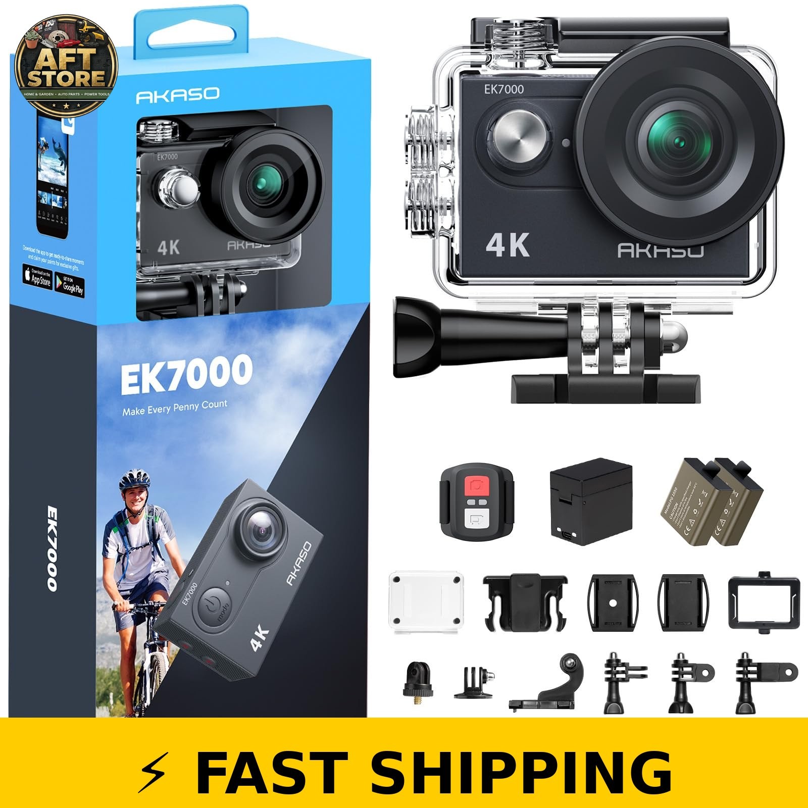 AKASO EK7000 4K30FPS 20MP Action Camera – Waterproof, Remote Control, Black
