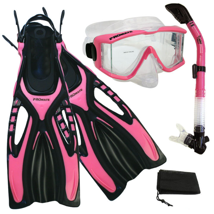 Promate Snorkeling Panoramic Purge Dive Mask Dry Snorkel Fins Equipment Gear Set