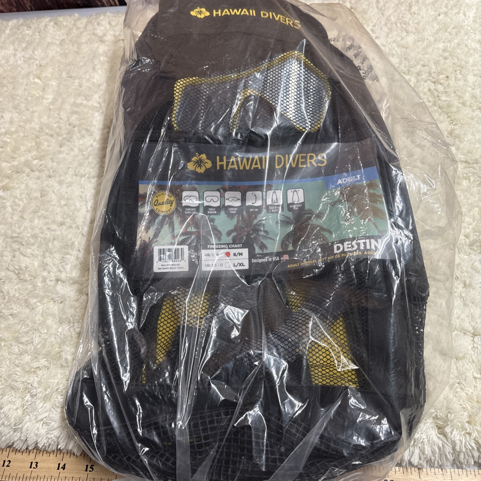 Hawaii Divers Snorkel Set Adult New S/M US:5-8 Black/Yellow Vacation Travel