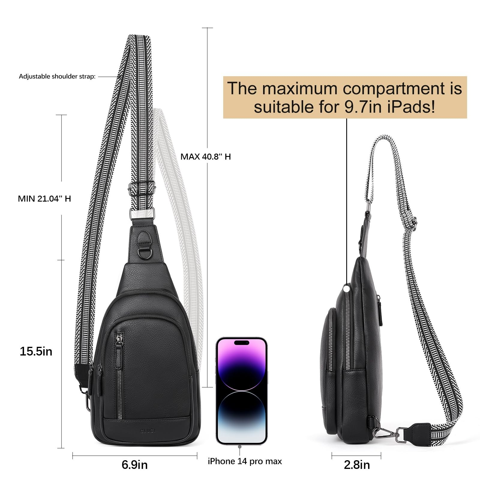 CLUCI Crossbody Bags for Women Men,Leather Sling Bag One Size, 0-2 Black