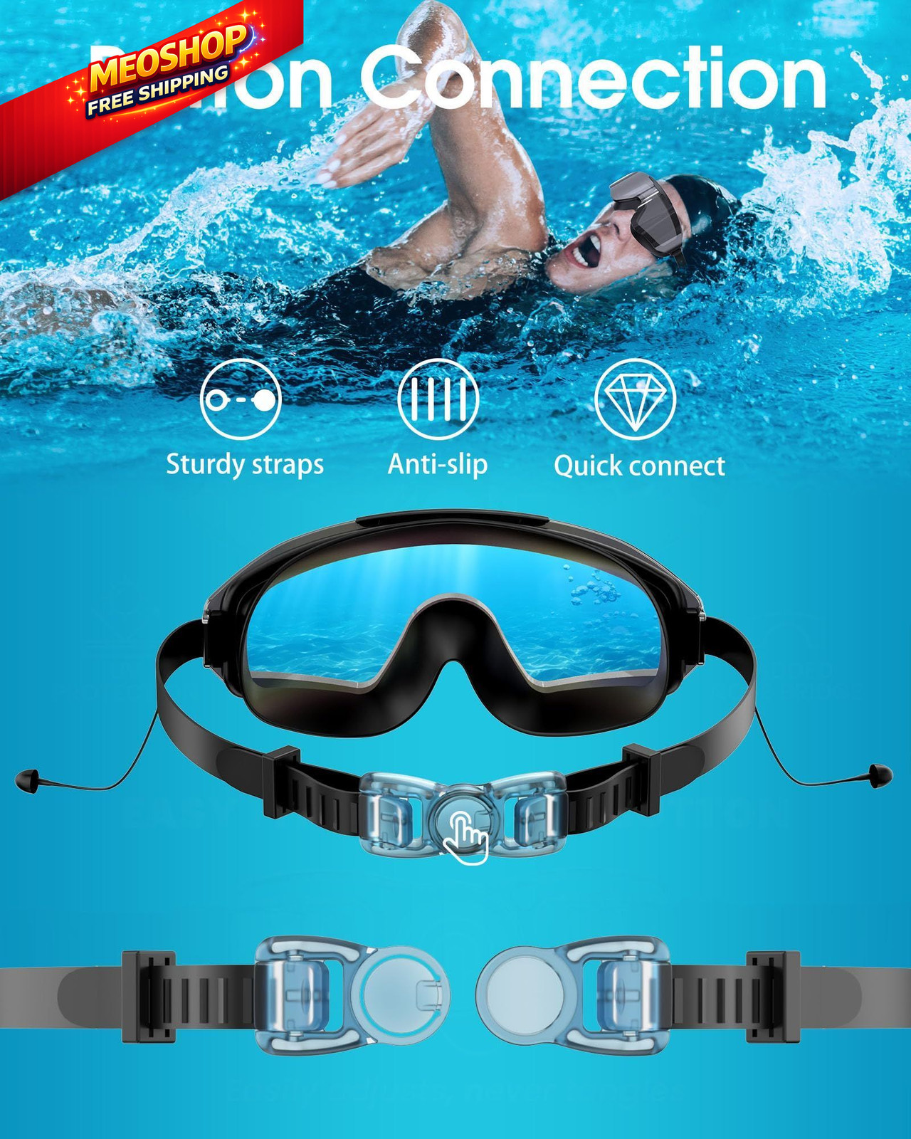 viyawise Swim Goggles with Earplugs, Wide View Anti Fog UV Adult, Cyan