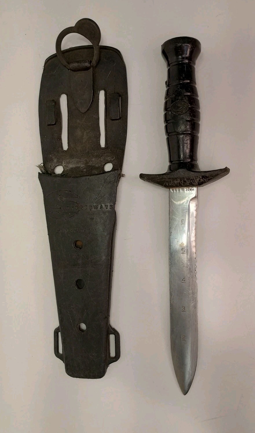 Vintage Sportsways Scuba Diver Knife and Sheath 7 inch Partially Serrated USA
