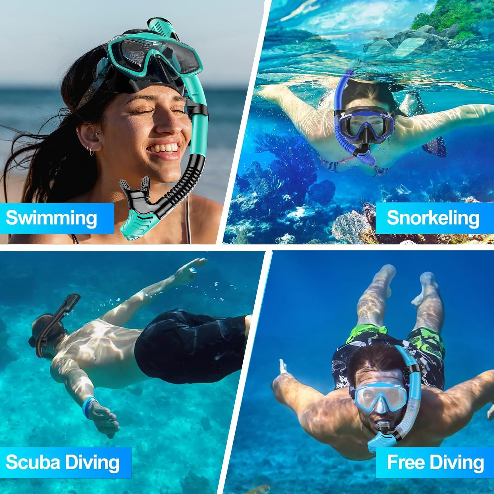 Snorkeling Gear for Adults,Dry-Top Snorkel Set with Tempered Blue