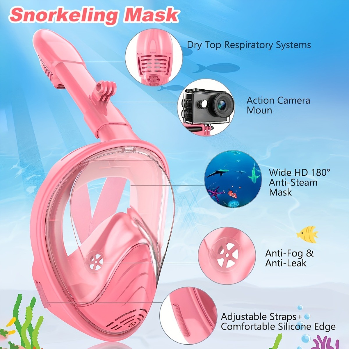 Snorkel Mask 180° Panoramic View Free Breathing Full Face Snorkeling M for Kids