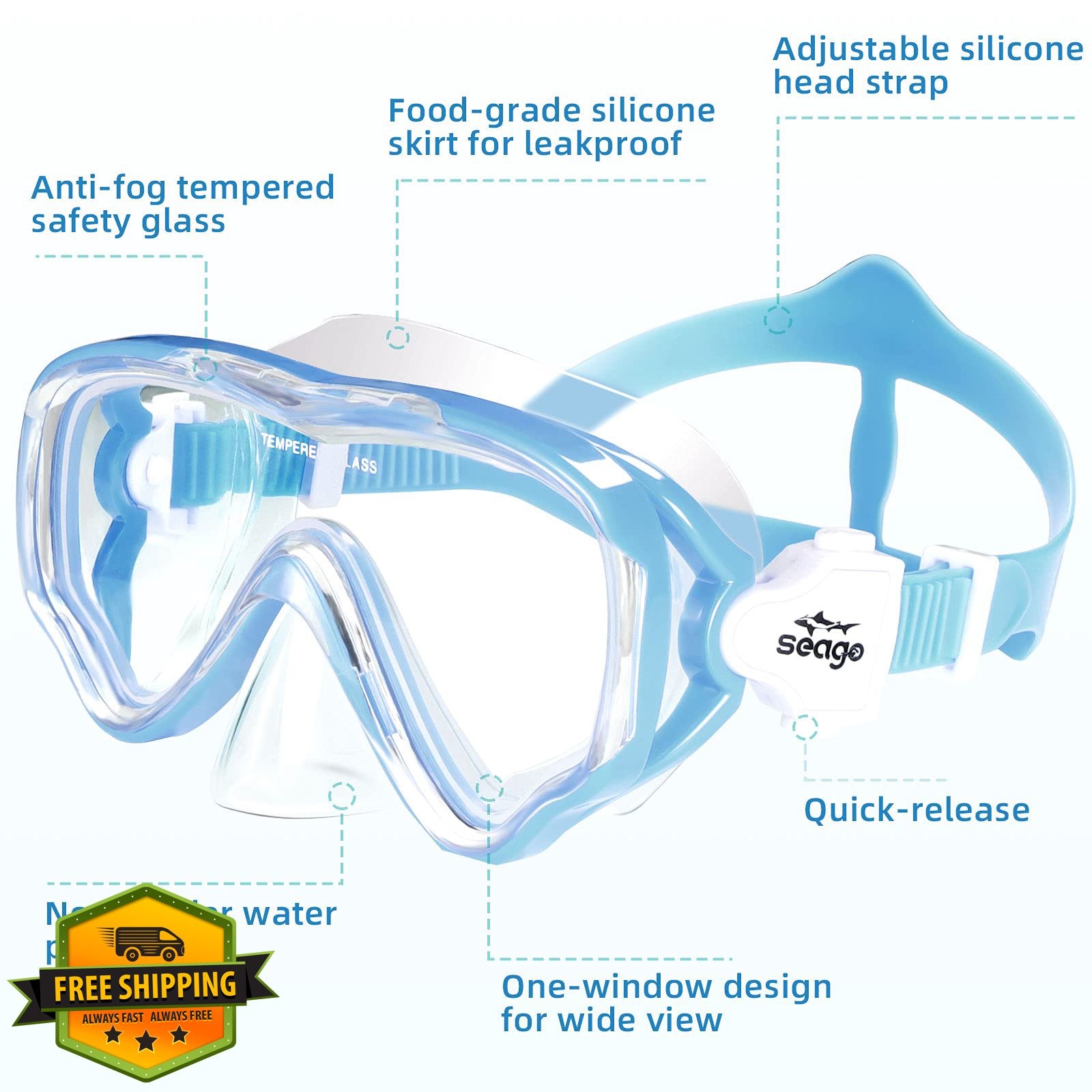 Seago Kids Snorkel Set Dry Top Mask Anti-Fog Swim Gear