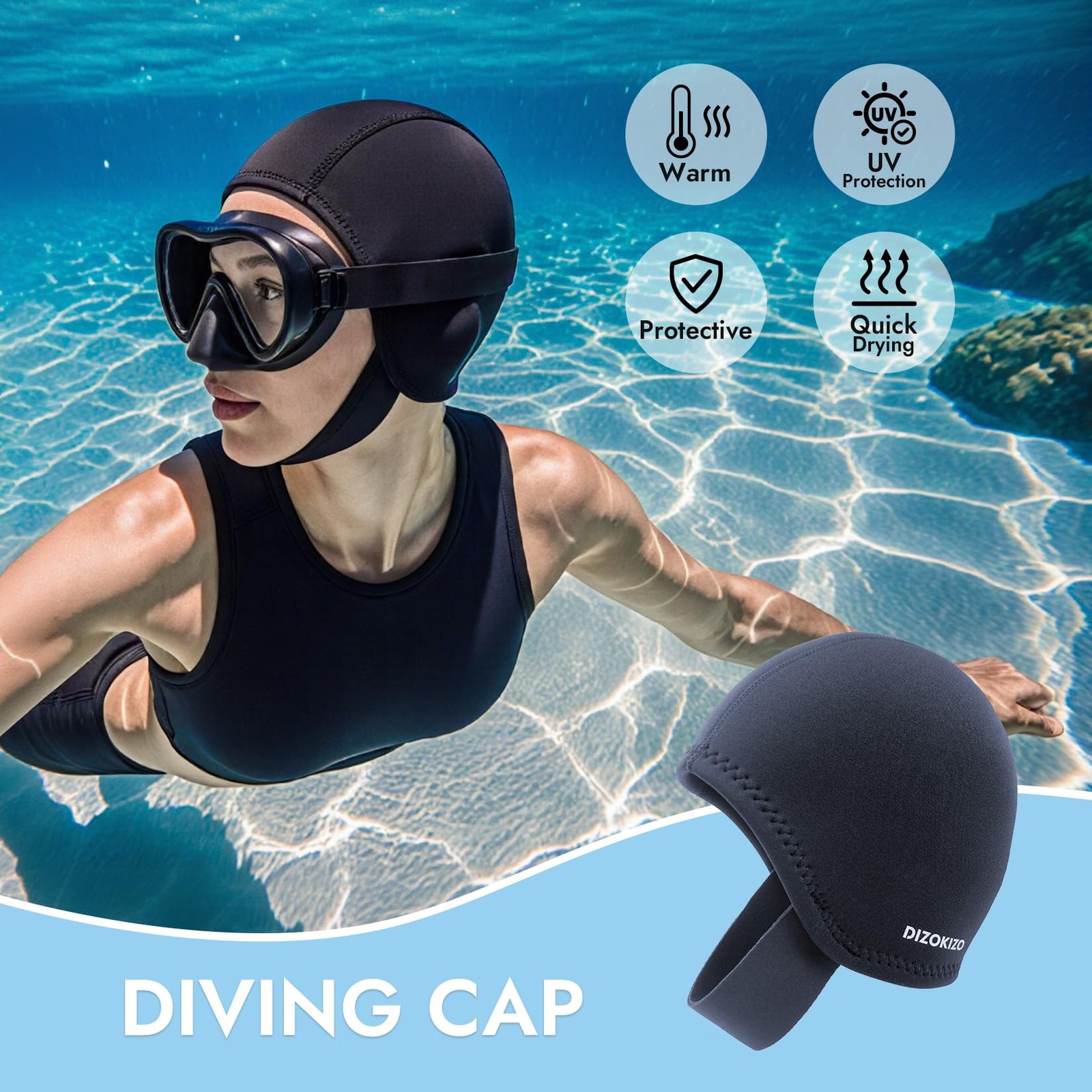 Dizokizo Neoprene Diving Hood for Men Women, Medium, Black-with Straps