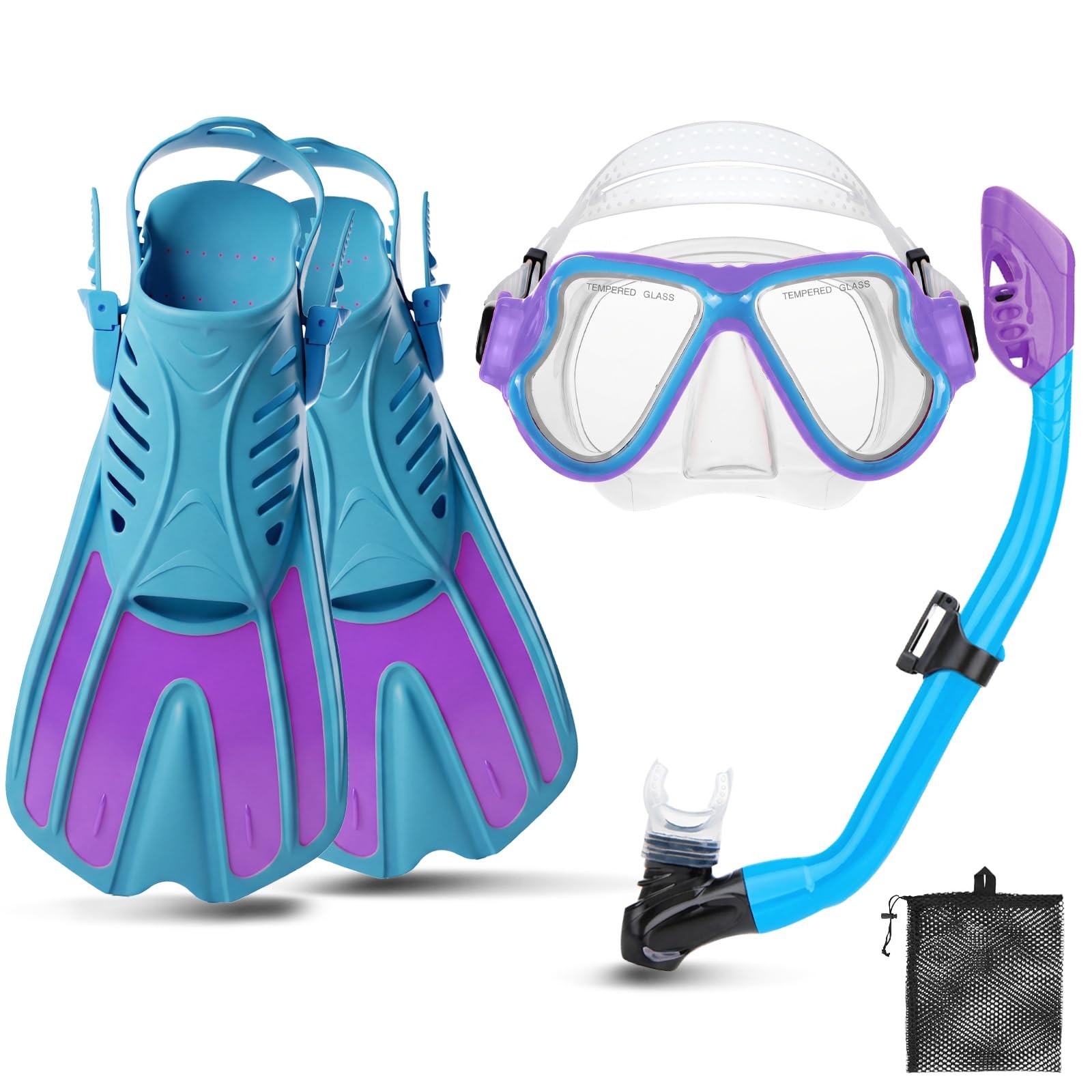 CTSAYTL Snorkeling Gear for Kids, 4 in 1-4(32-36) With Fins, Turquoise-Purple