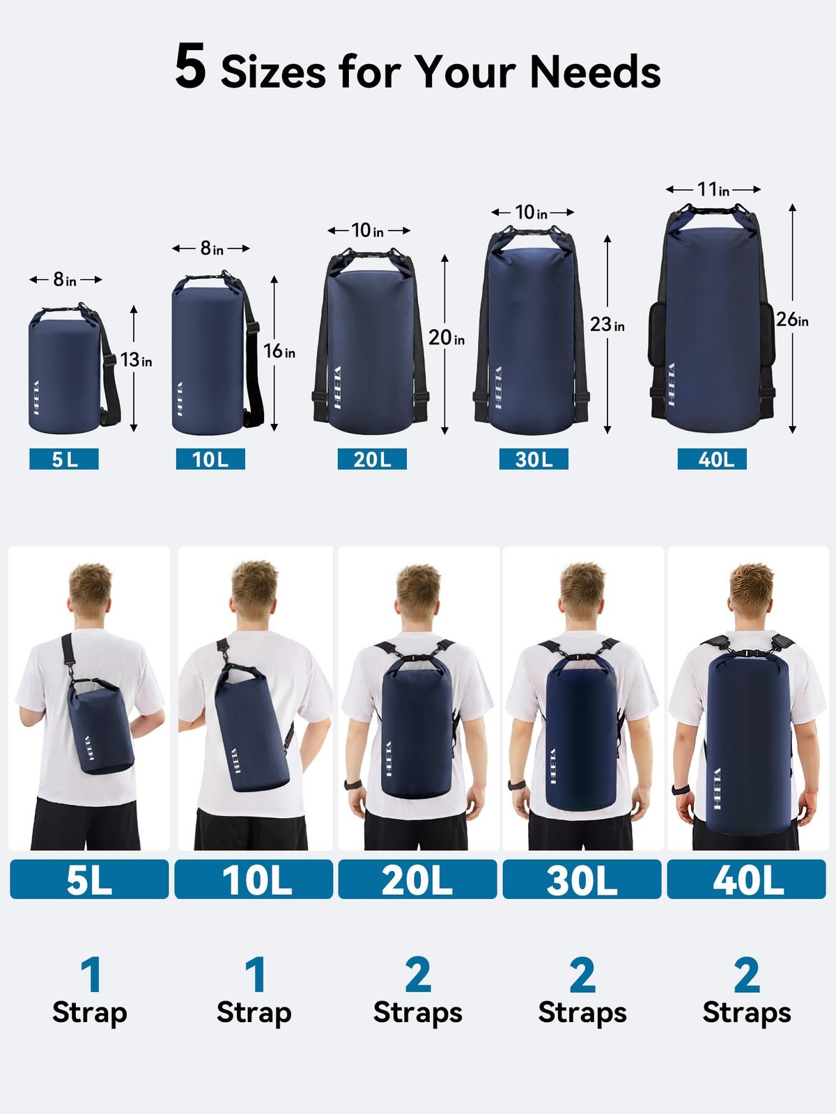 HEETA Waterproof Dry Bag for Women Men, Roll Top Lightweight 10L, Dark Blue