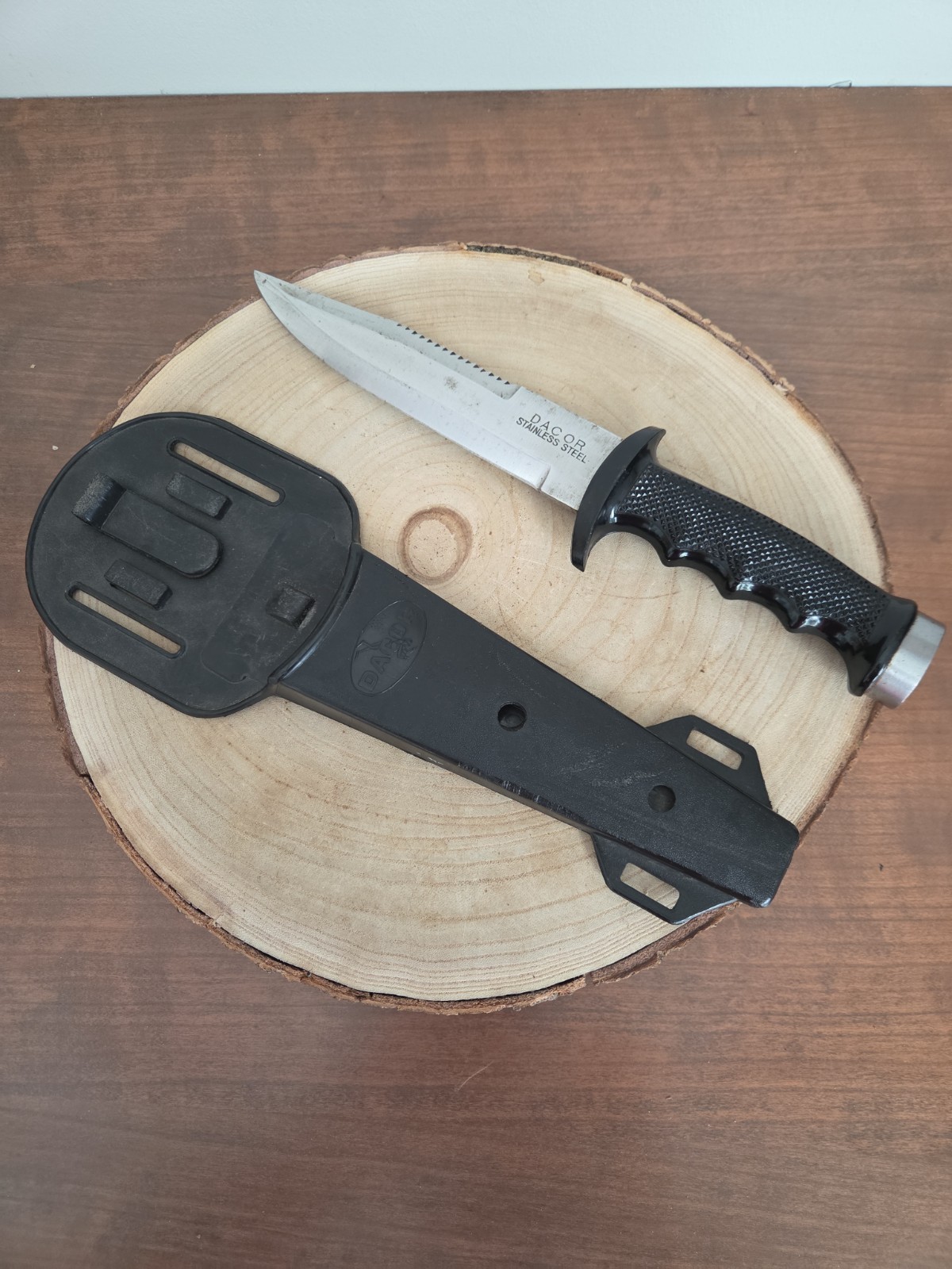 Vintage DACOR Stainless Steel Scuba Knife w/Serrated Blade And Hard Sheath