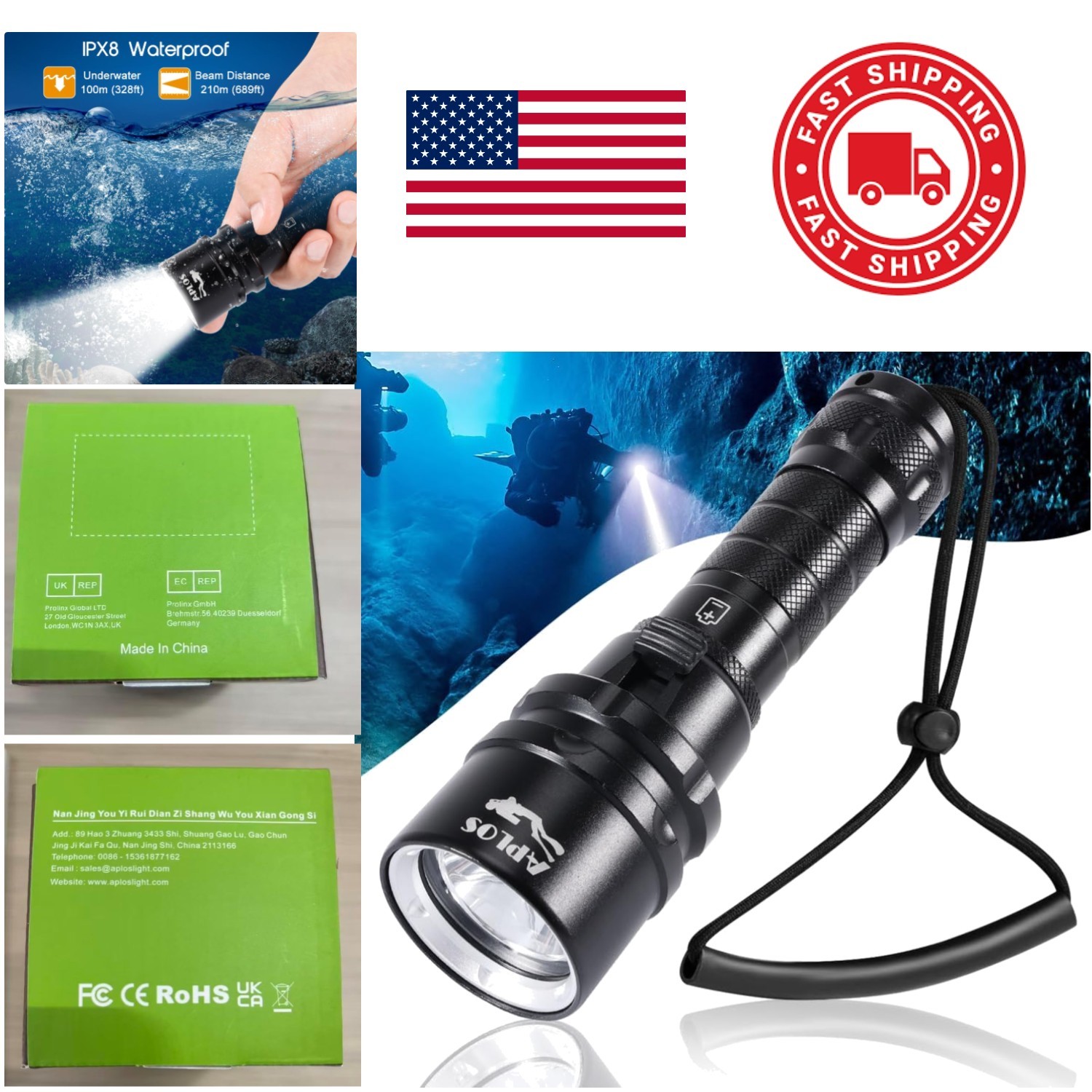 2000 Lumens Waterproof Scuba Diving Flashlight Durable Rechargeable Battery