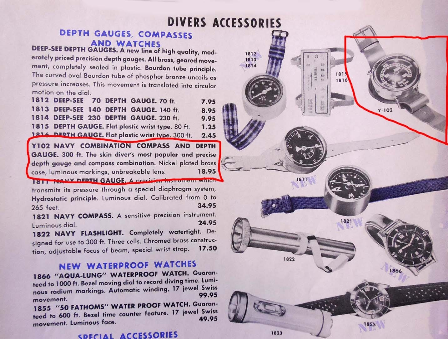 1957 US DIVERS COMBINATION COMPASS & DEPTH GAUGE – 0-300 FEET- NEAR MINT