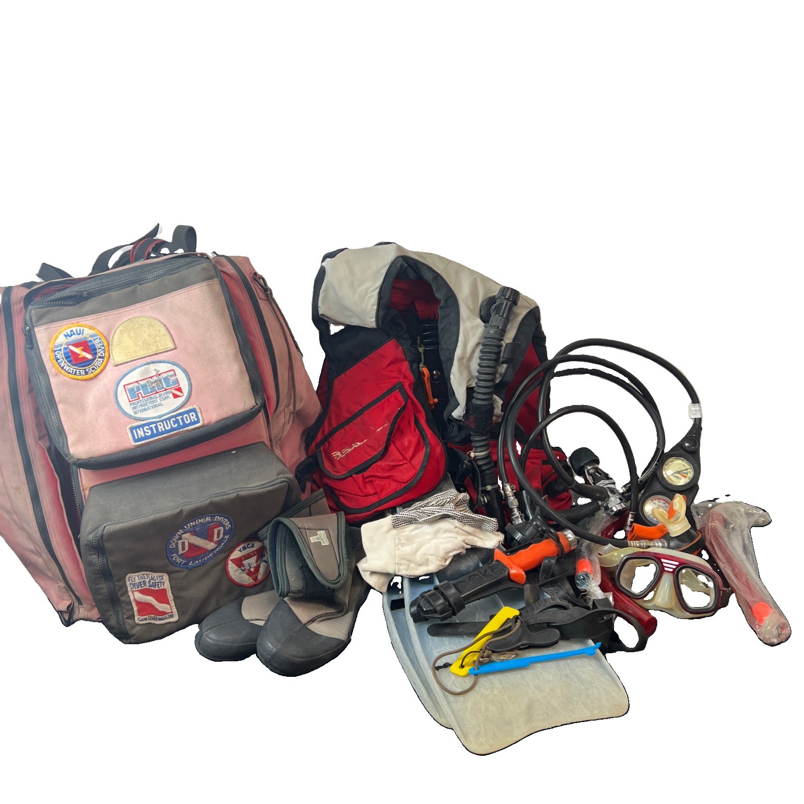 Lot of scuba diving equipment W/ bag. Old Equipment – Vest, Flippers, Knife Read