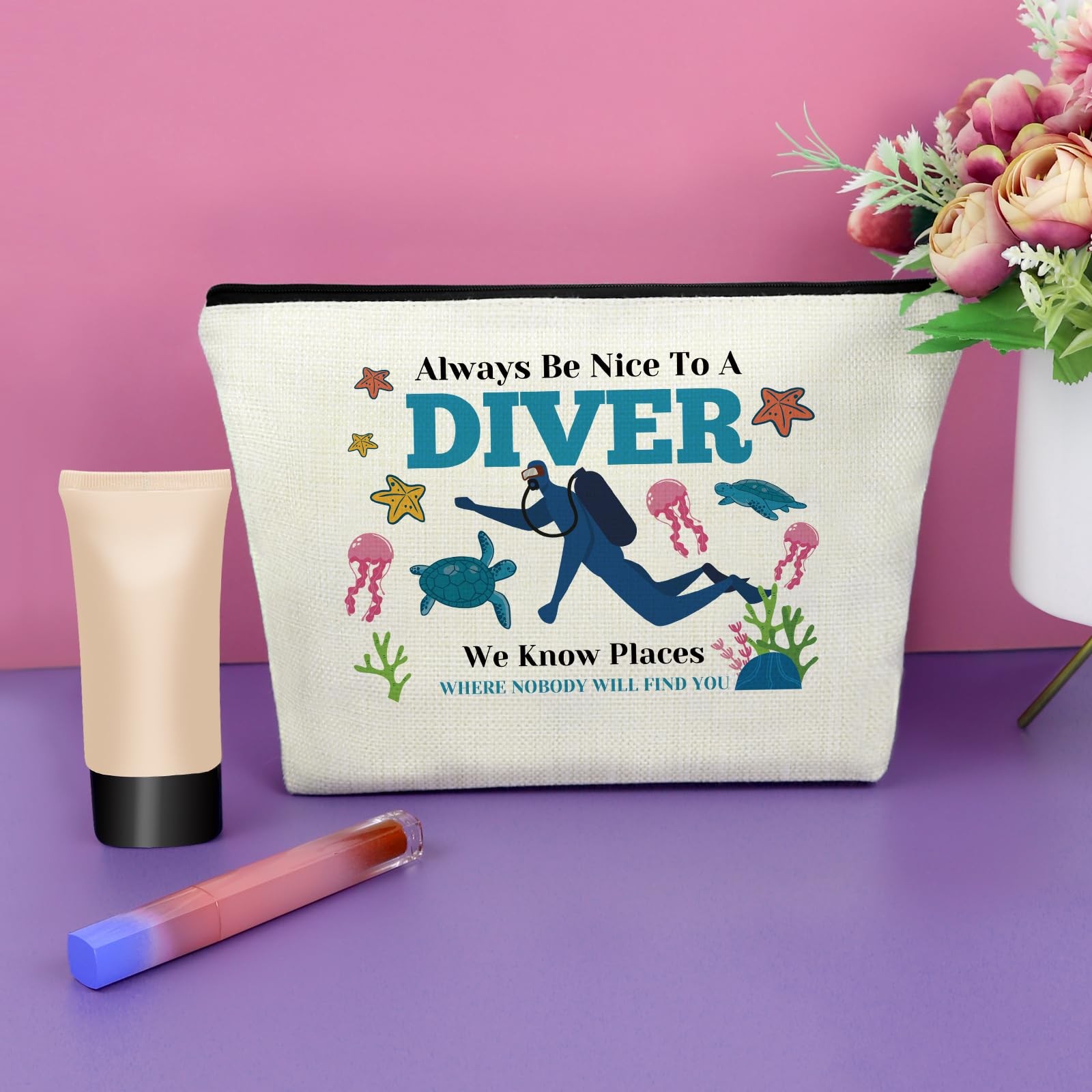 Funny Scuba Diving Gift Makeup Bag Divers Prayer Lover Beige