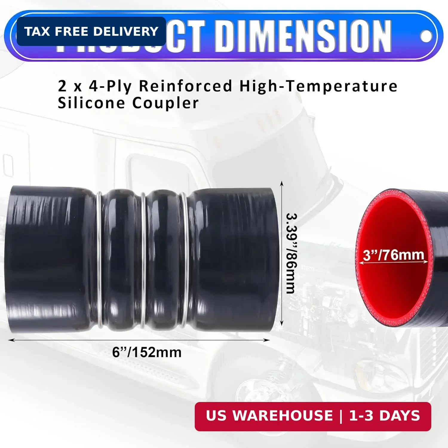 2PCS Silicone CAC Charge Air Cooler Hump Hose Boot Set 3″ x 6″ with stainless st