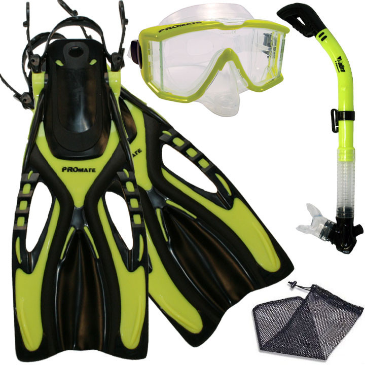 Promate Snorkeling Panoramic Purge Dive Mask Dry Snorkel Fins Equipment Gear Set