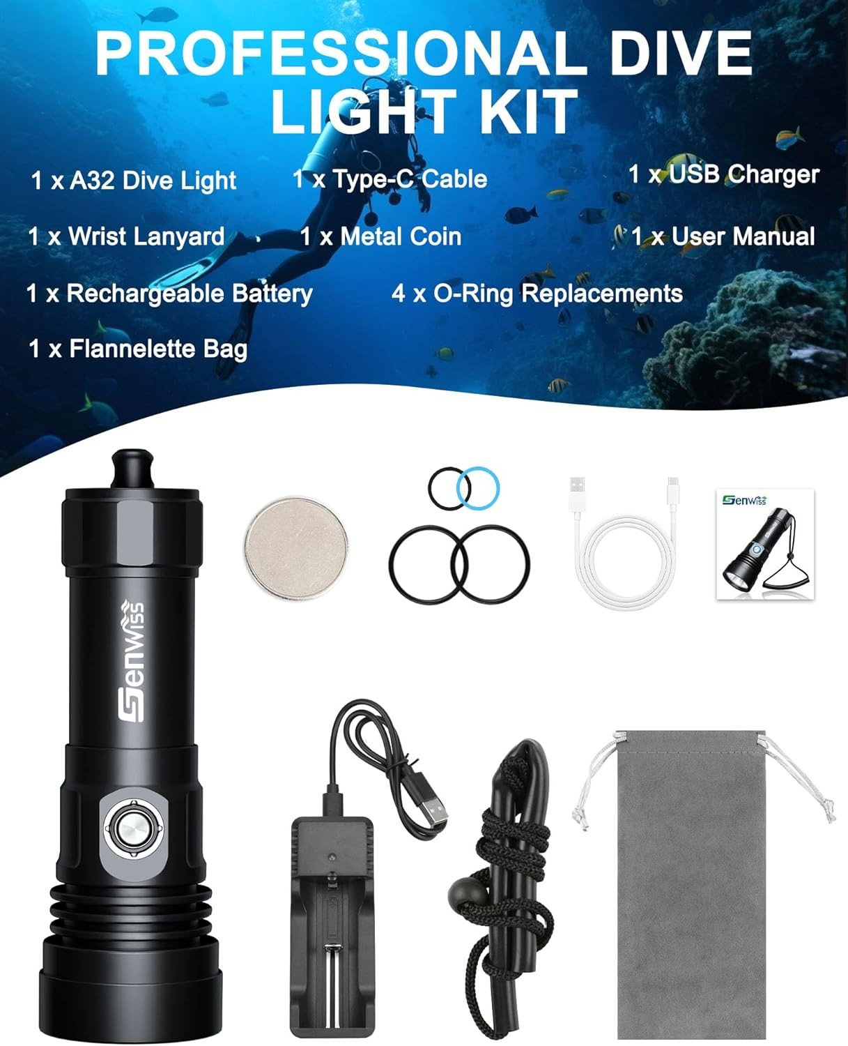 2500LM Scuba Diving Flashlight IPX8Waterproof Professional Underwater Dive Light