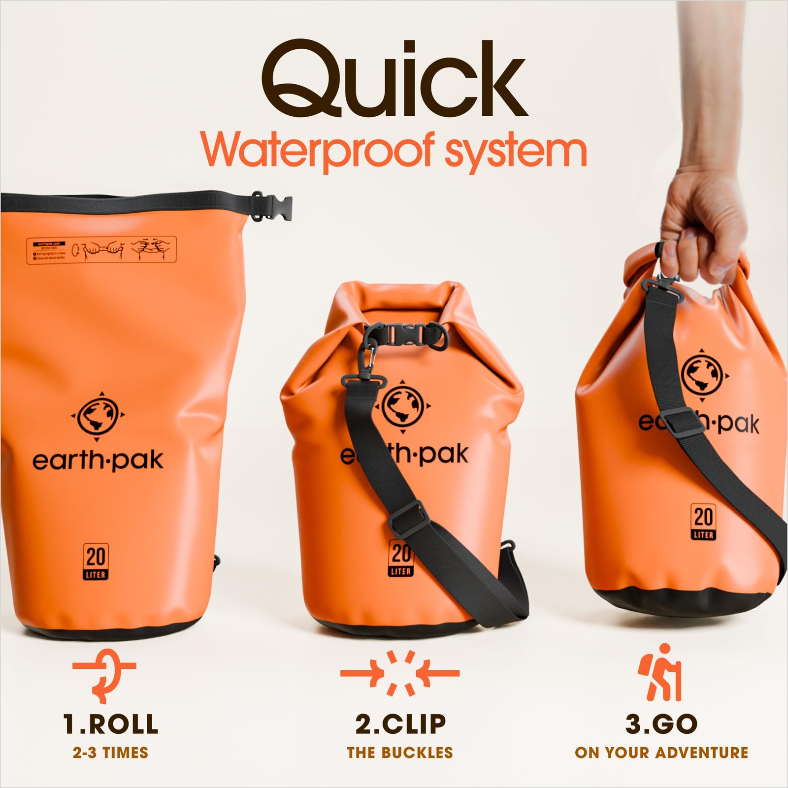 Earth Pak Waterproof Dry Bag – Roll Top Backpack Sack 40L, Orange