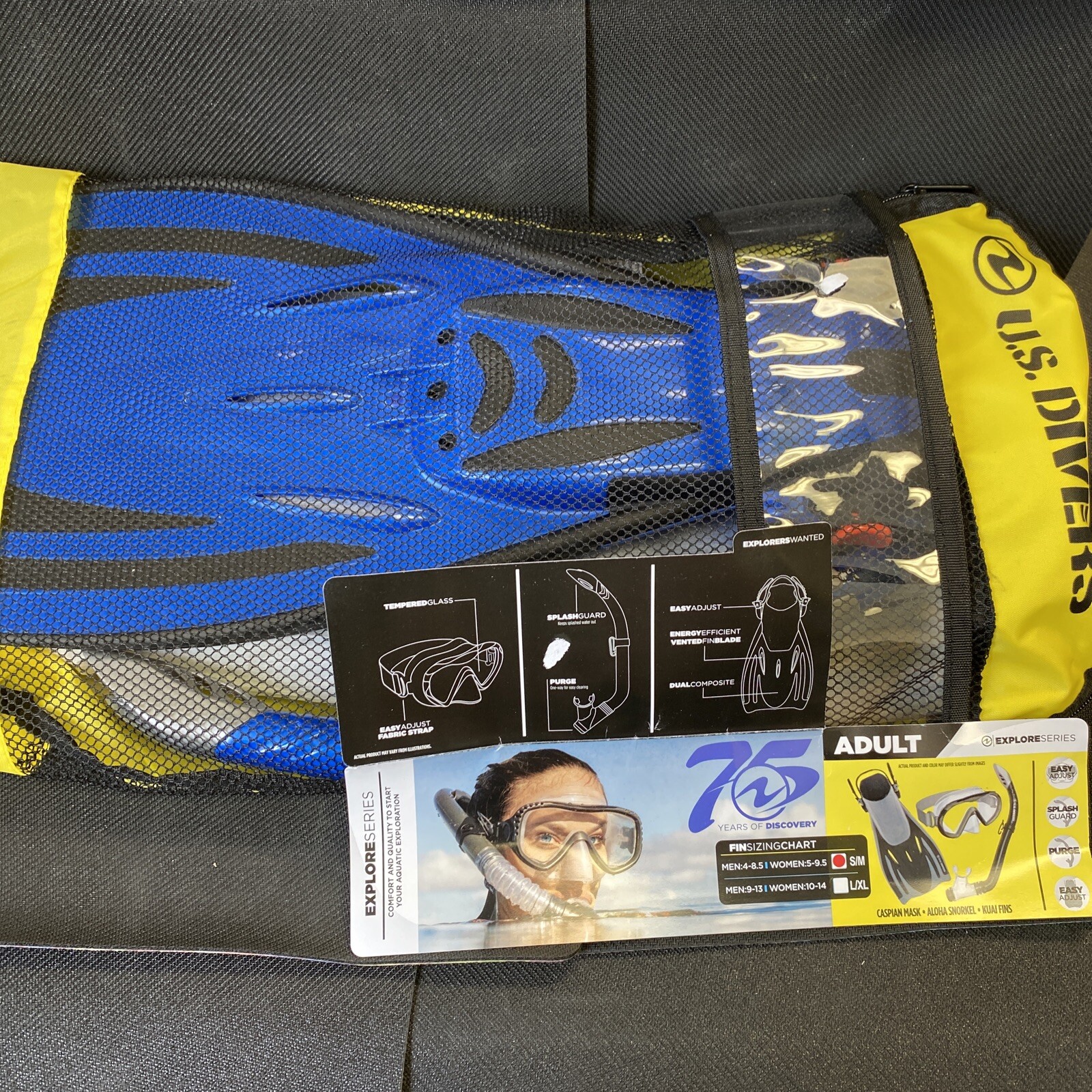 U.S. Divers Adult Travel Set Small/ Medium Blue Men 4-8.5 Women 5-9.5 NO GOGGLES