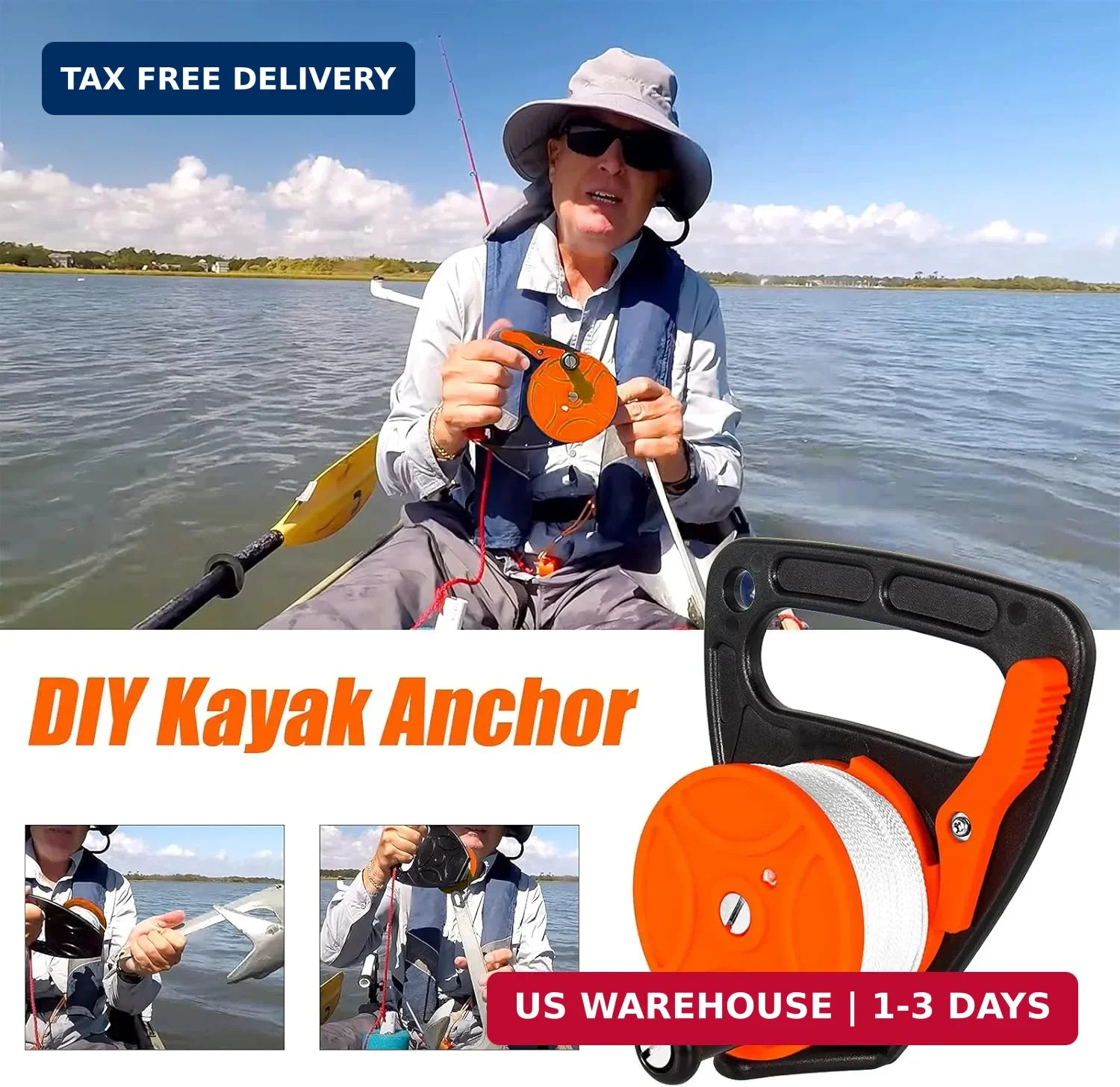 Compact 150ft Scuba Dive Reel Kayak Anchor with Thumb Stopper for Safety Underwa