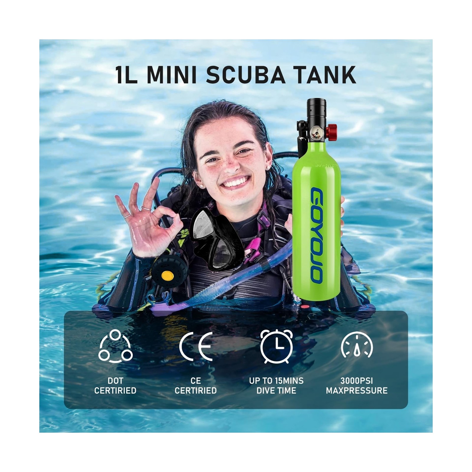 1L Mini Scuba Tank with Mask – DOT Certified Portable Diving Air Tank, 300