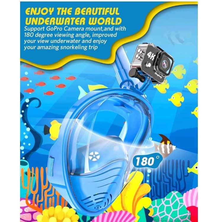 Kids Snorkel Mask Full Face, Snorkeling Set with Camera Mount, 180 Degree Pan…