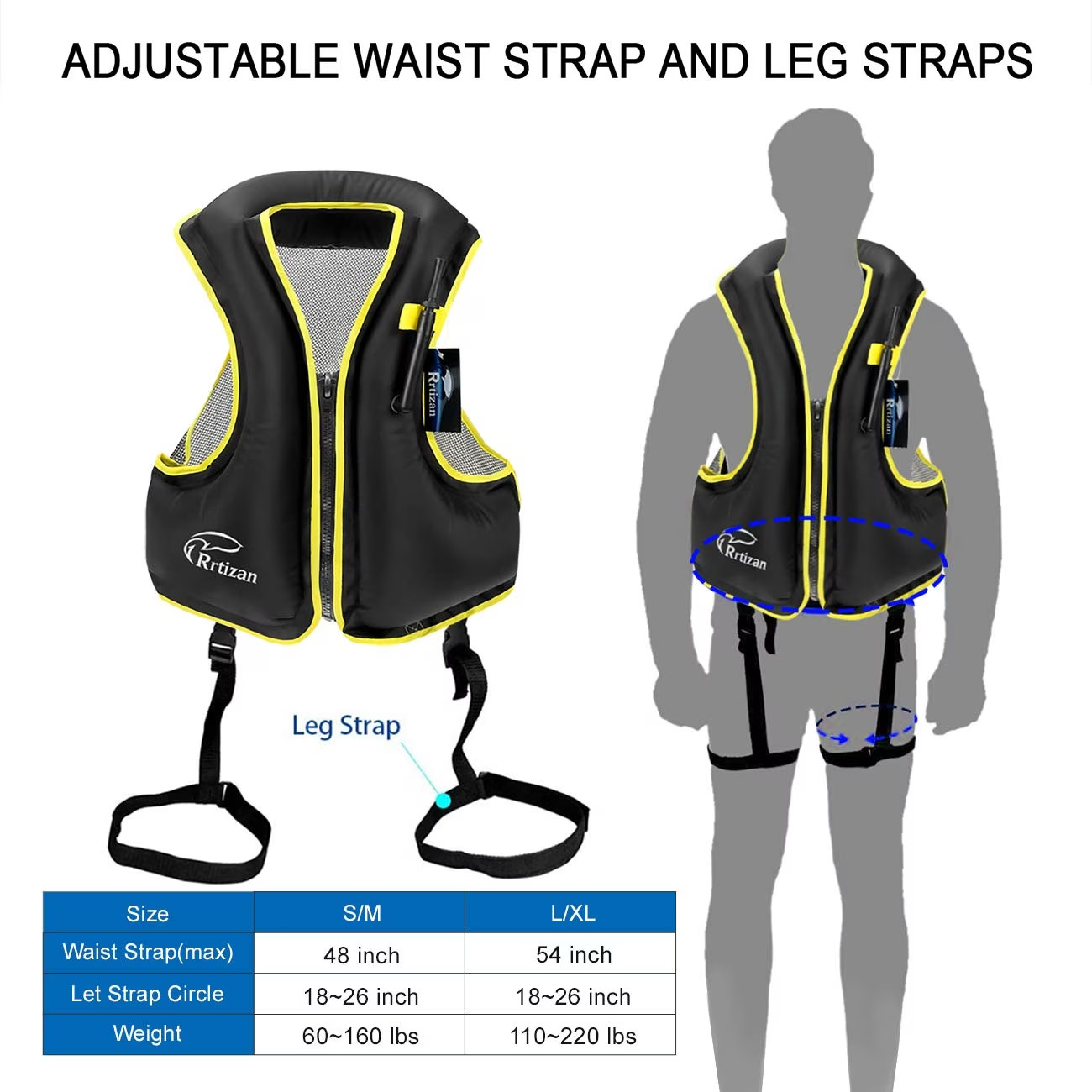 Rrtizan Adults Inflatable Swim Vest, Portable Snorkel Vest, L/XL