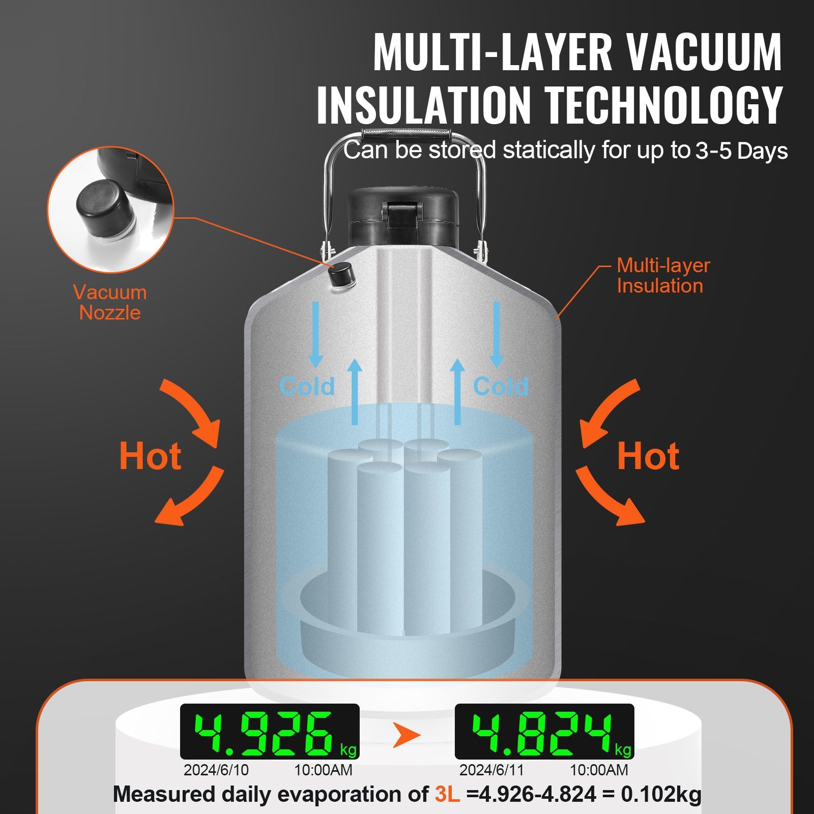 Liquid Nitrogen Tank, 3 L Aluminum Alloy Liquid Nitrogen Container, LN2 Tank