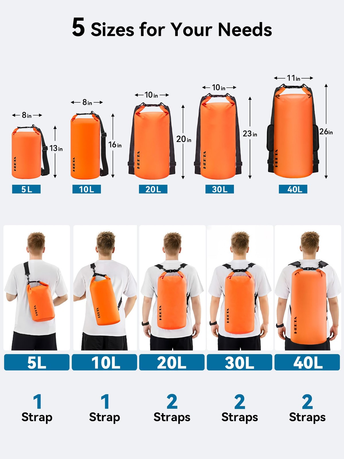 HEETA Waterproof Dry Bag for Women Men, Roll Top Lightweight 10L, Orange