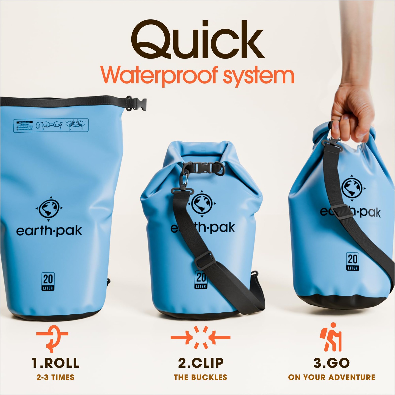 Earth Pak Waterproof Dry Bag – Roll Top Backpack 10L, Light Blue