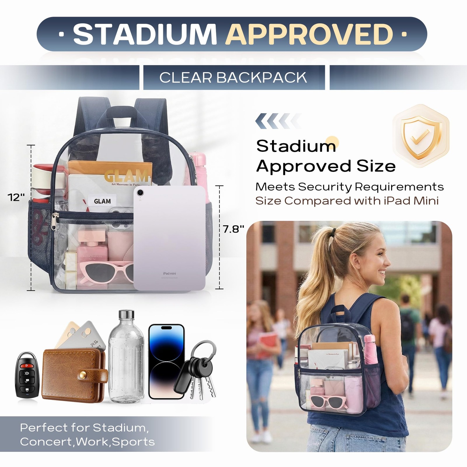 Oraben Clear Backpack Stadium Approved, 12 x 6 x 11 in, Small, Navy Blue