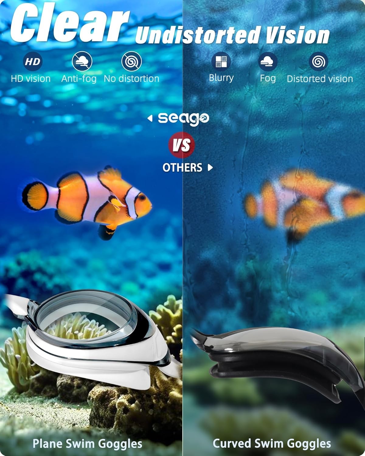 Seago 2 Pack Swimming Goggles Anti-fog Anti-UV Silicone Black & White