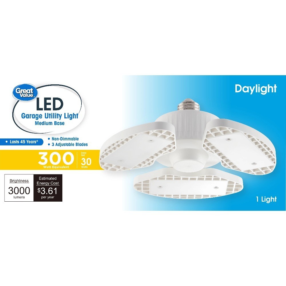 LED Daylight Garage Light, 30-Watt (3000-Lumen) 3 Adjustable Lighted Blades,