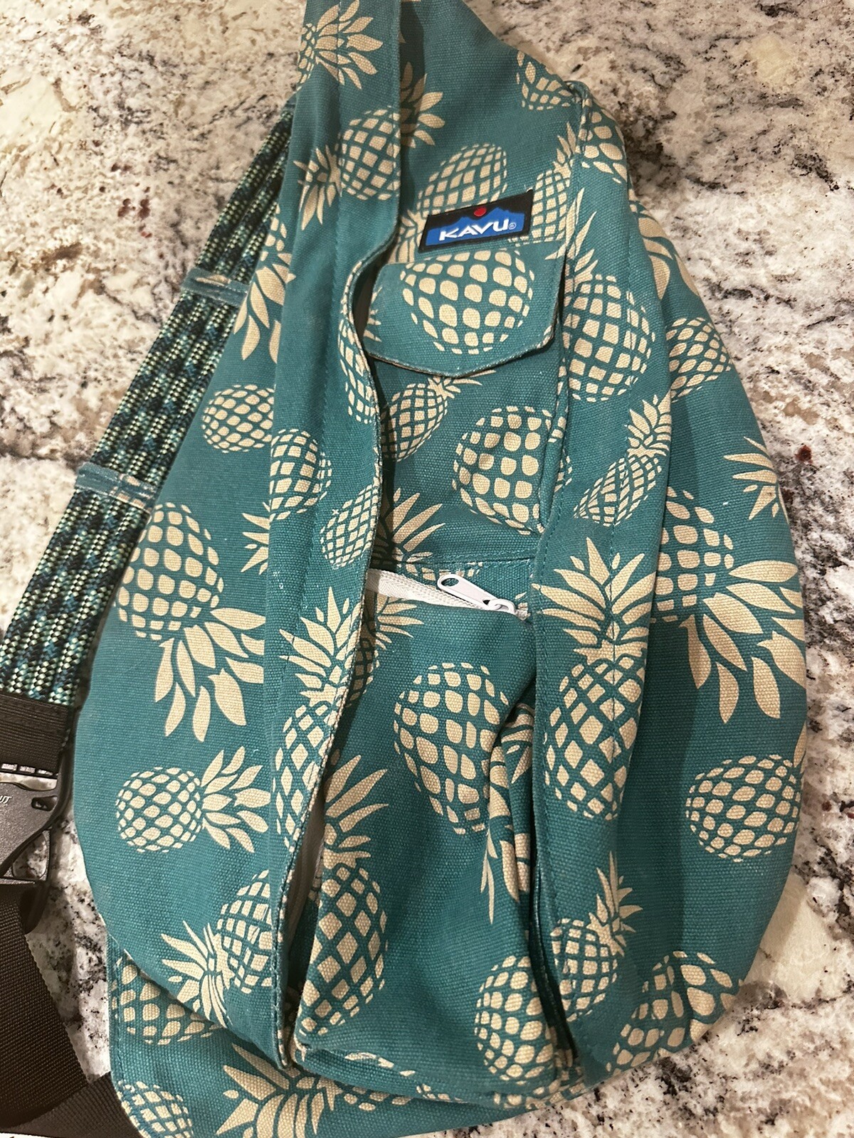 KAVU Original Rope Bag Sling Crossbody Teal Cream Purse, Pineapple Passion