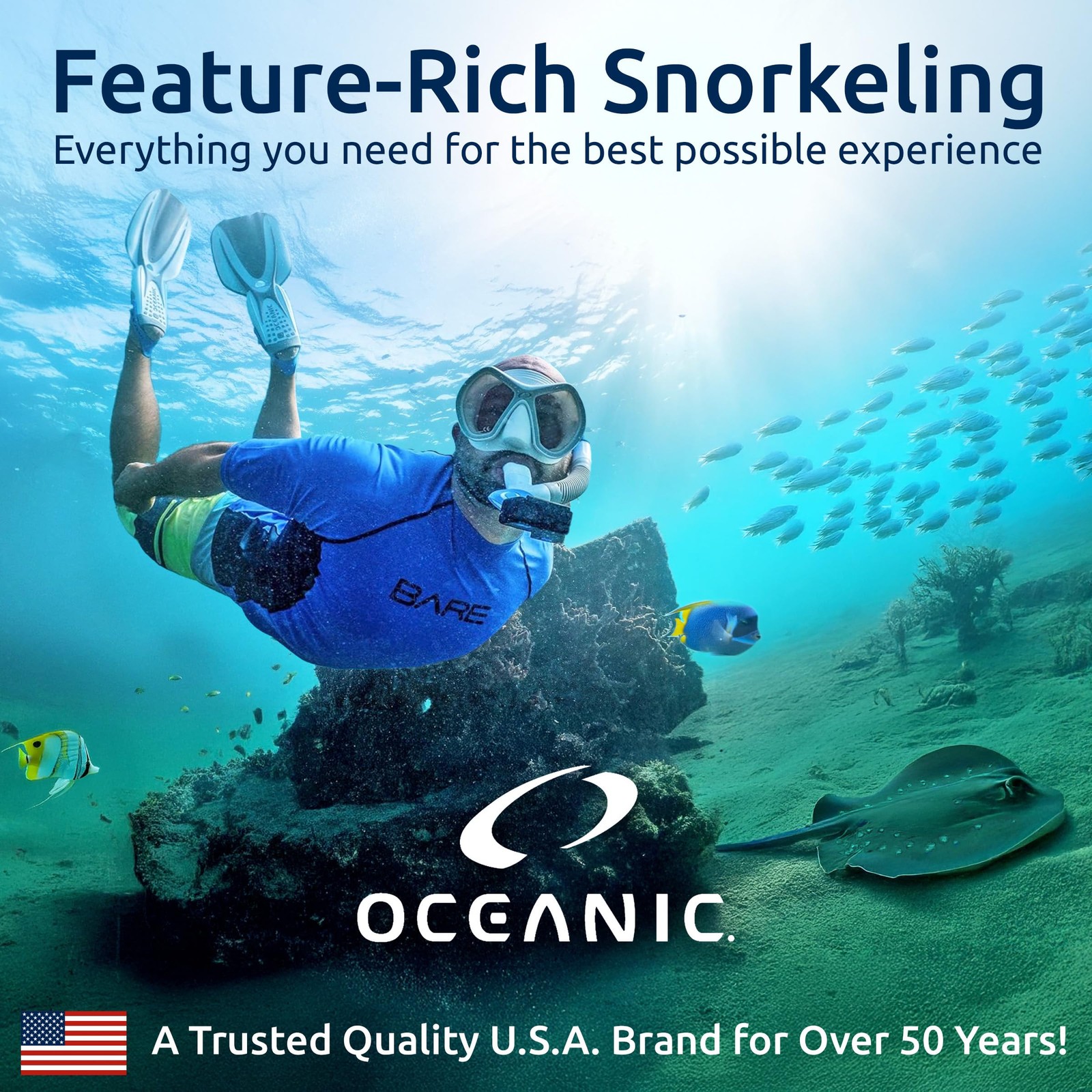 Oceanic Snorkel Set For Gear For Panoramic Wide View Tempered Glass Scuba