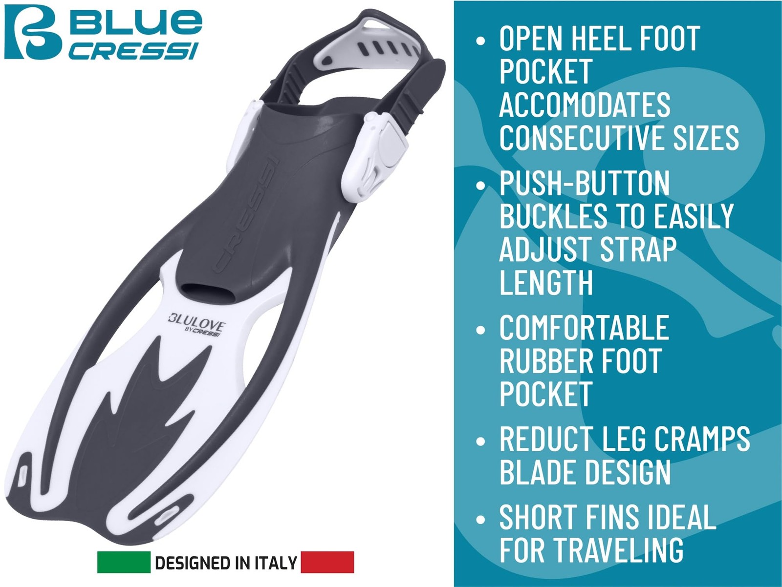 Cressi Rocks fins Short Adjustable L/XL | US Youth 1/6 | EU 32/38, Blue/White