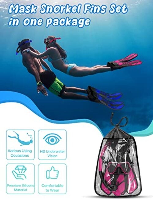 Mask Fins Snorkel Set, Snorkeling Gear for Adults, Small-Medium Pink Black