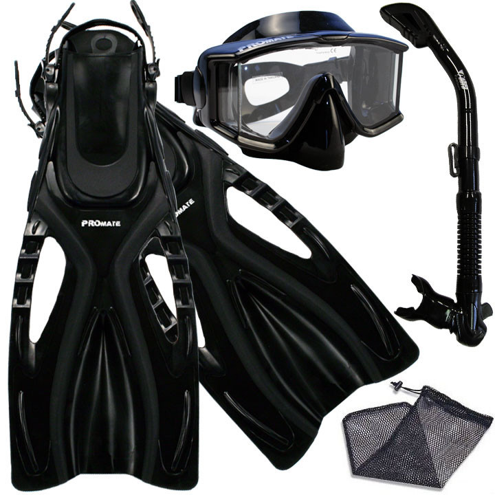 Promate Snorkeling Panoramic Purge Dive Mask Dry Snorkel Fins Equipment Gear Set