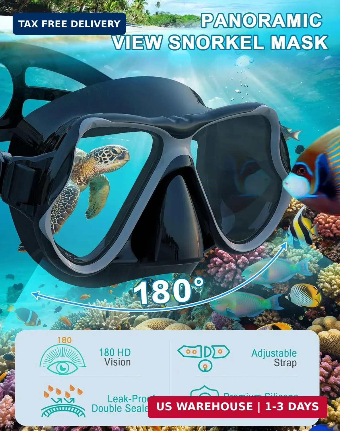 Greatever Dry Snorkel Set,Panoramic Wide View Anti-Fog Scuba Large, Black