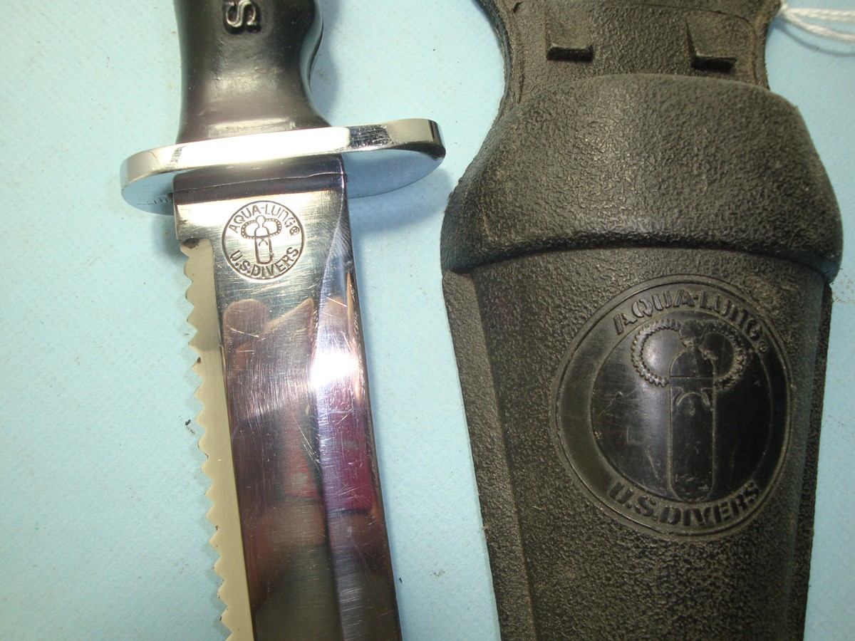 VINTAGE STAINLESS US DIVERS DIVE KNIFE SEA HAWK AQUALUNG WITH SHEATH STRAPS #36