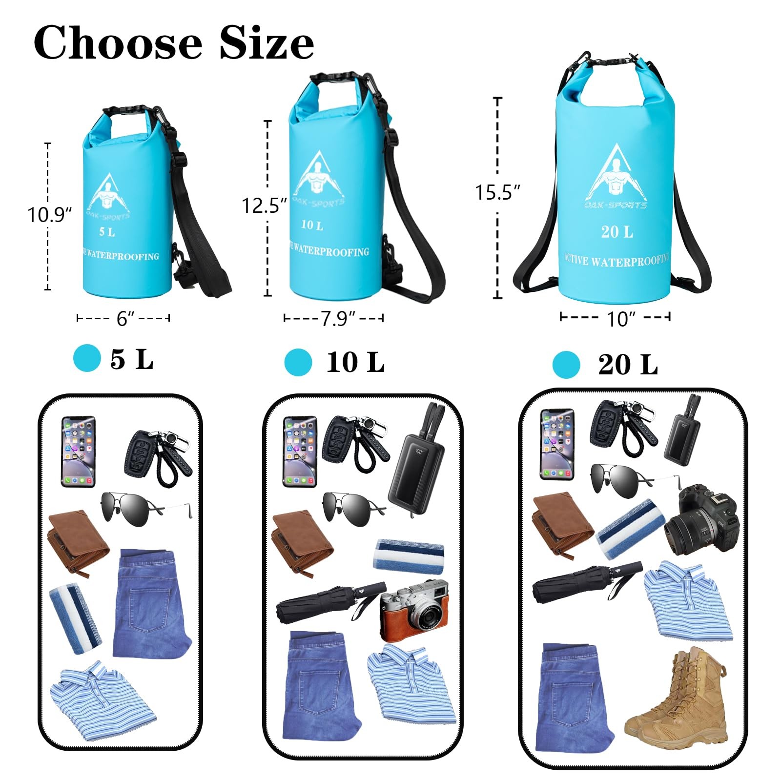 Oak-Sports Dry Bag Waterproof Backpack 5L/10L/20L, Roll Top 5L, Sky Blue