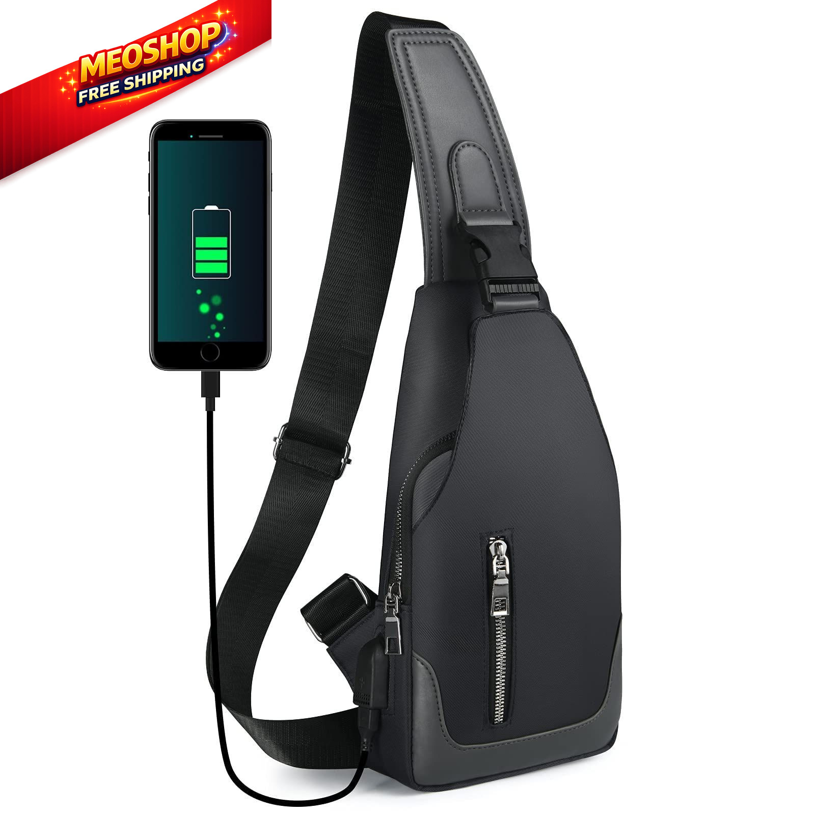 Sling Backpack with USB Charging Port, Chest Bag Crossbody Large, Black