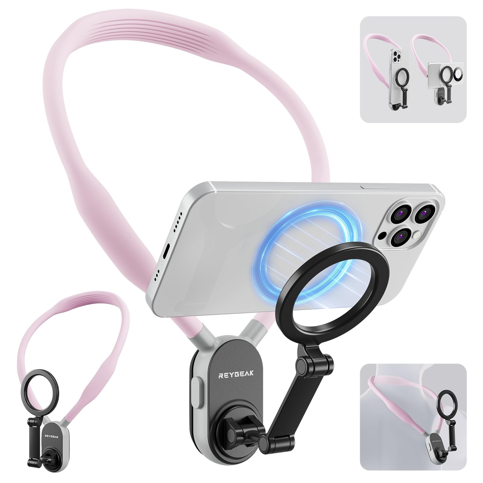 REYGEAK Magnetic POV/Vlog Phone Neck Mount 4 x 10 x 15 inches, Sakura Pink