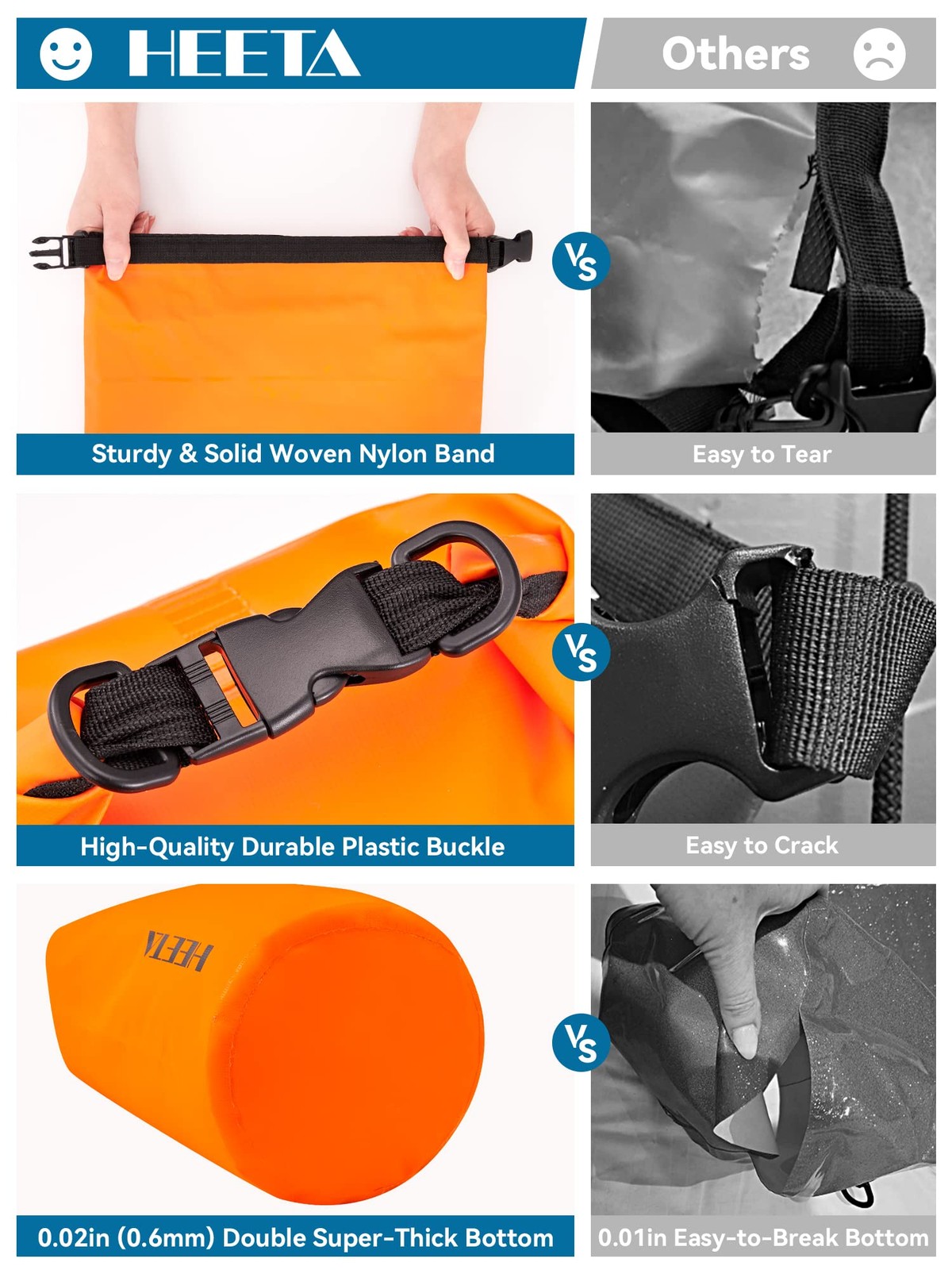 HEETA Waterproof Dry Bag for Women Men, Roll Top Lightweight 10L, Orange